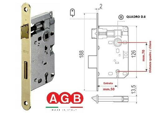 SERRATURA PORTA AGB PATENT PICCOLA B005715003 E. mm.50 OTTONATA CON INCONTRO