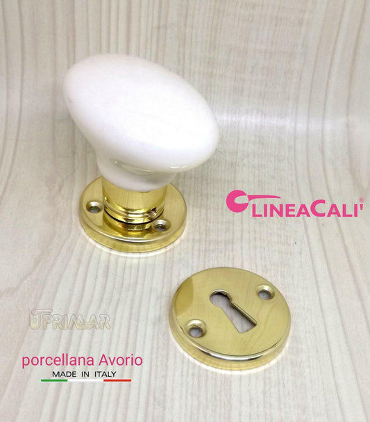 Pomolo porta ceramica Pomello ovale porcellana Avorio e Ottone lucido Linea Cali