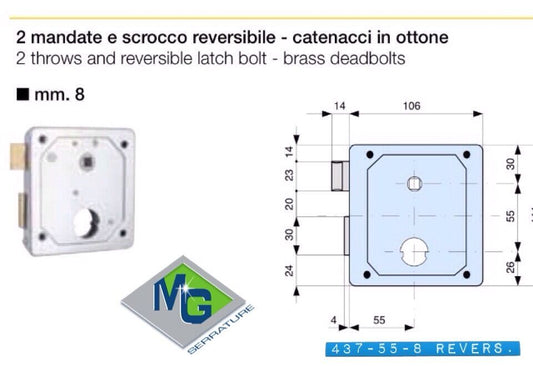 SERRATURA MG 437 55 8 PER PORTE PORTONCINI CANCELLETTI DA APPLICARE CON CILINDRO