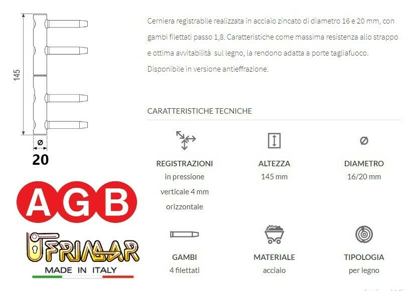 CERNIERA ANUBA PER PORTE IN LEGNO D.20 REGOLABILE AGB ZENIT E021502015 ZINCATO