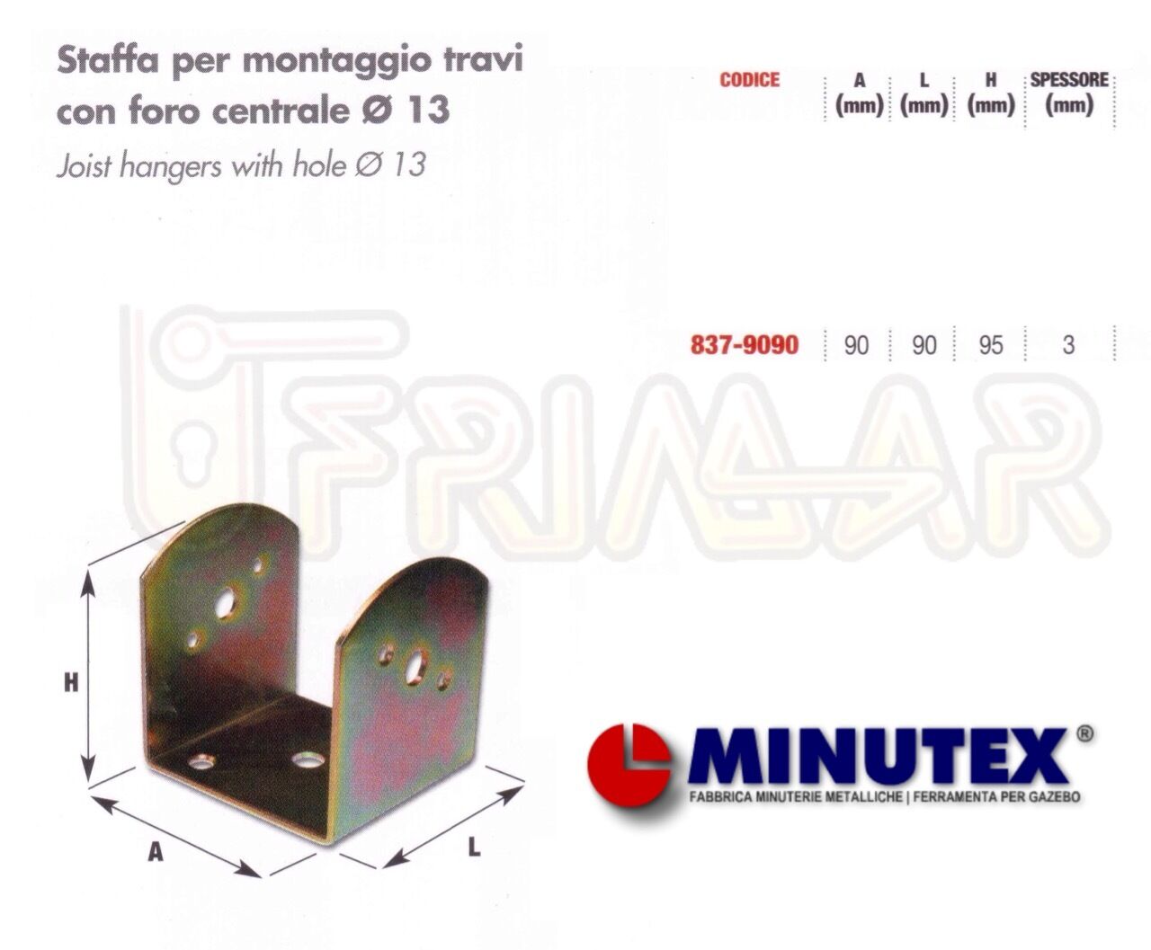 Staffa Supporto a U mm.90x90x95 per Montaggio Travi Lamellari a Muro e Pilastri