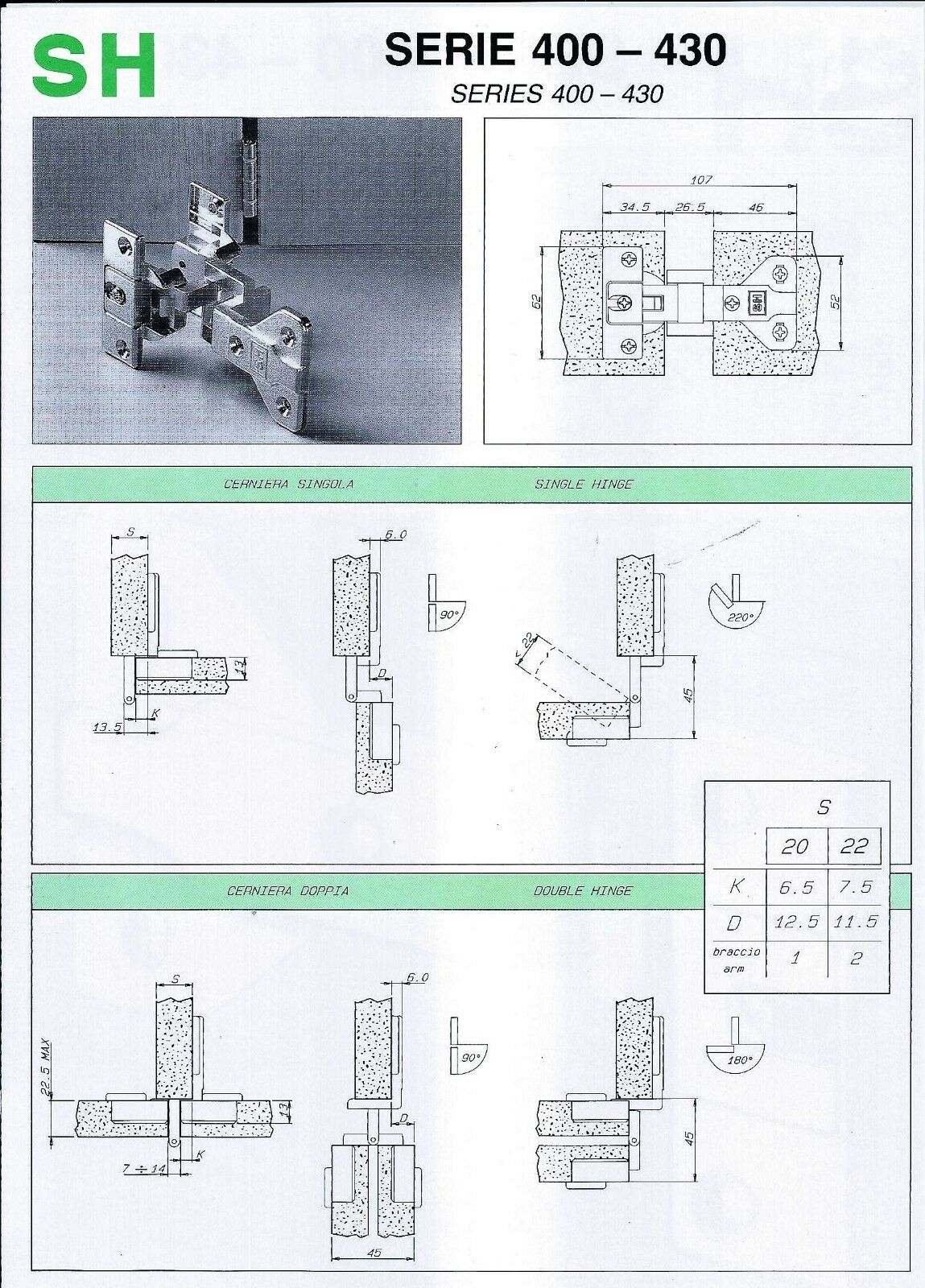 CERNIERA SYSTEM HOLZ SH SERIE 400/430 PER ANTA MOBILI UFFICIO ANTA SINGOLA