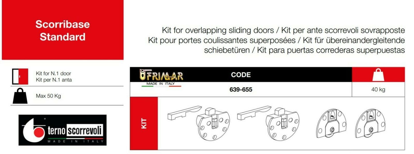 Kit per ante scorrevoli sovrapposte Terno art. 639 + 655 portata Kg.50 foro 35