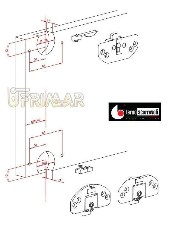 Kit per ante scorrevoli sovrapposte Terno 354 412 L portata Kg40 foro 35 METALLO