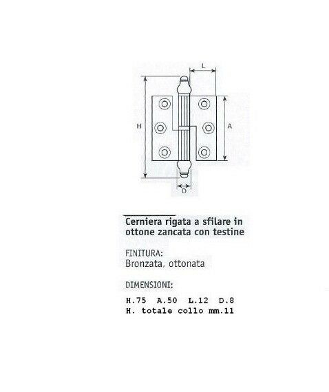 CERNIERA MOBILI ANTICHI BAROCCO CON BATTUTA mm.50x40 mezzo collo OTTONE Dx/Sx