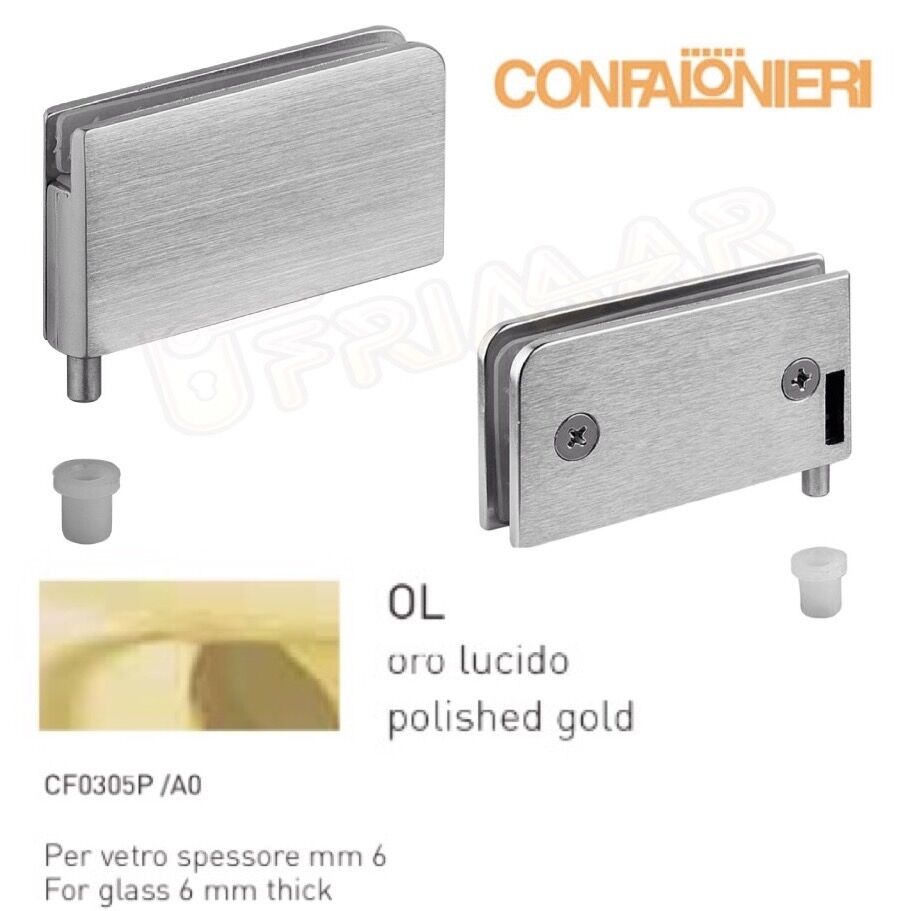 COPPIA CERNIERE PER ANTE IN VETRO mm.6 CONFALONIERI 305PA OTTONE LUCIDO 67x35mm