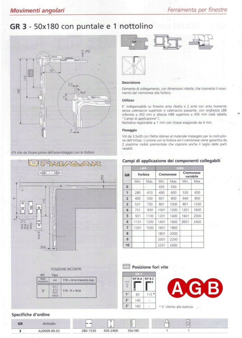 Movimento angolare AGB cod.A400090003 GR3 mm.50x180 ricambio per anta ribalta