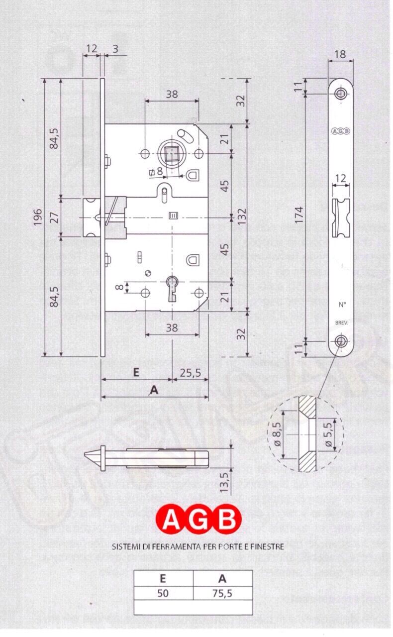SERRATURA AGB PATENT MEDIANA 1015.50 E.mm.50 CROMO OPACO INFILARE SCIV.CENTRALE