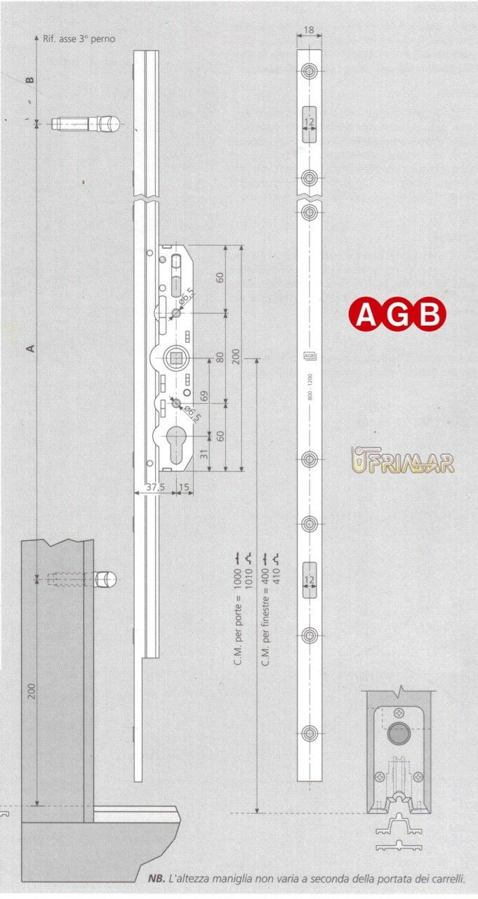 Serratura Alzante Scorrevole AGB G007370302 Altezza Anta mm.1770-2150  GR3 AF5