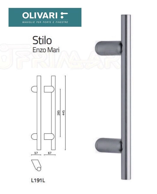 MANIGLIONE OLIVARI STILO L190L INCLINATO L.mm.445 CROMO OPACO design ENZO MARI