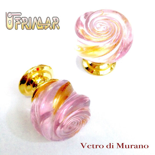 POMOLO IN VETRO MURANO D.mm.30 ROSA LUCIDO base OTTONE LUCIDO Made in Italy