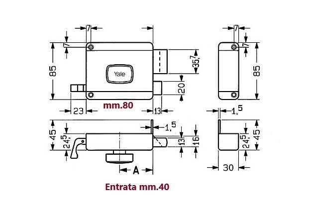 SERRATURA YALE 2620 MANDATA E SCROCCO Entr. mm.40 SENZA CILINDRO POMOLO INTERNO