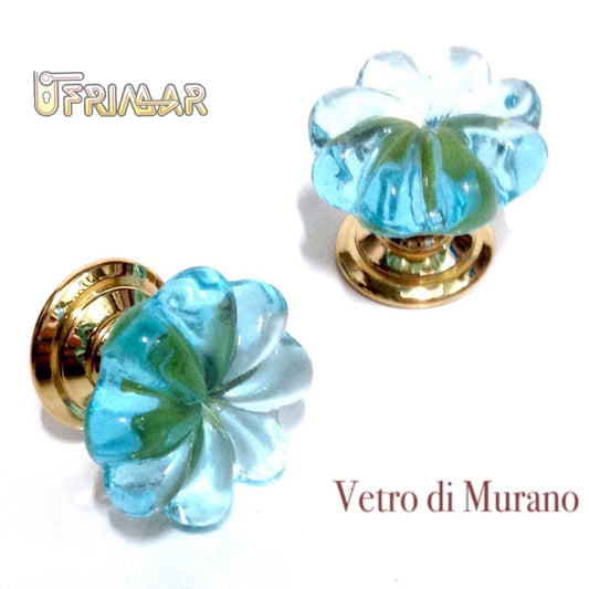 POMOLO VETRO MURANO D.mm.25 ACQUAMARE LUCIDO con base ORO LUCIDO Made in Italy