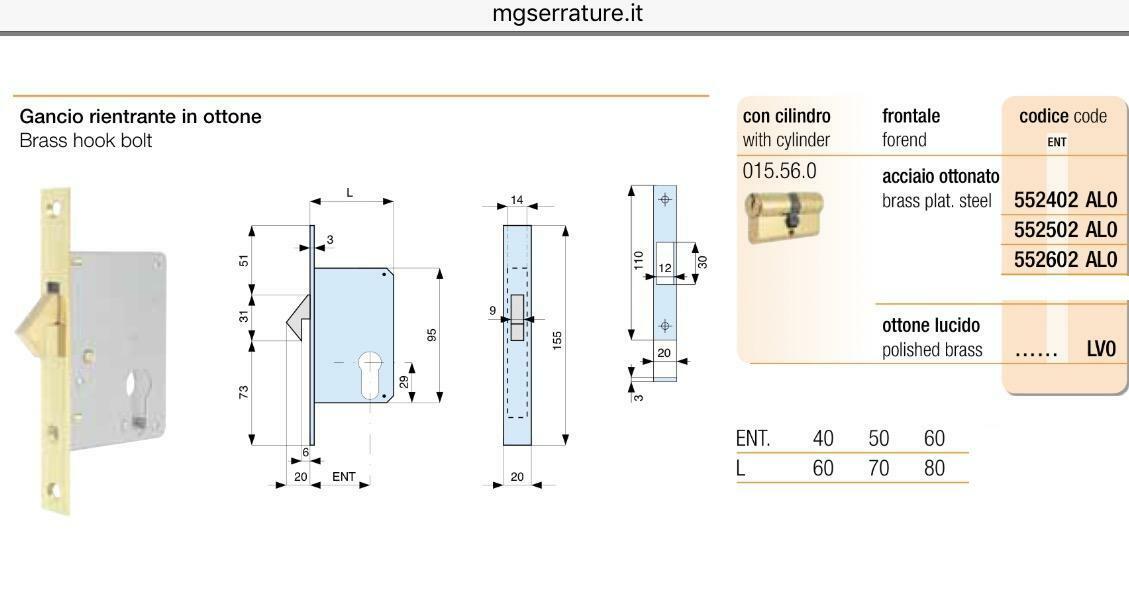 SERRATURA MG 552 ENTR.mm.40/50/60 DA INFILARE GANCIO RIENTRANTE CON CILINDRO