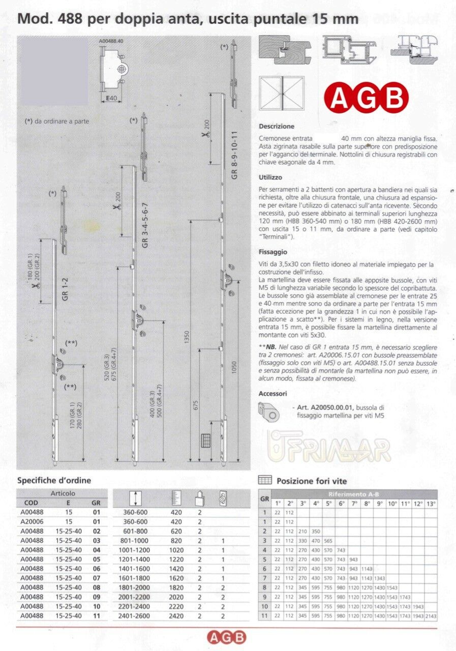 Cremonese AGB doppia anta A004884010 mod.488 cm.220/240 GR10 per infissi legno