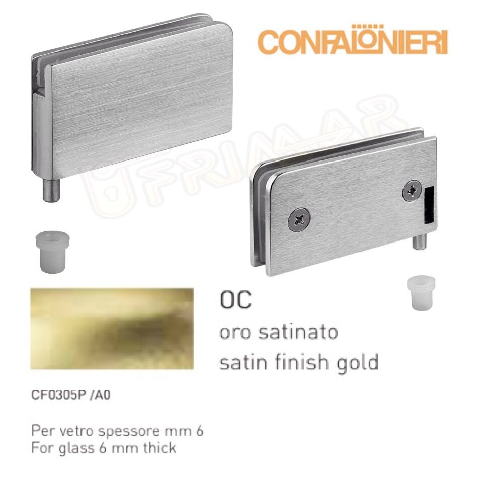 COPPIA CERNIERE PER ANTE IN VETRO mm.6 CONFALONIERI 305PA ORO SATINATO 67x35mm.