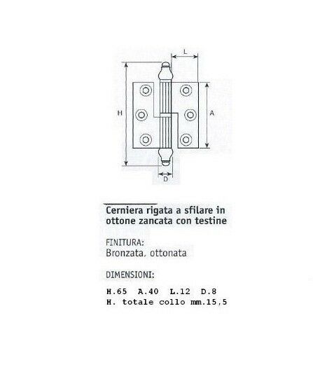 CERNIERA MOBILI ANTICHI BAROCCO CON BATTUTA mm.40x40 doppio collo OTTONE Destra