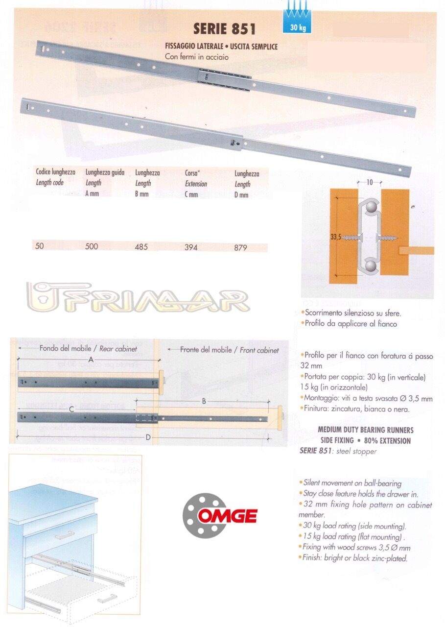 COPPIA GUIDE SCORREVOLI CON SFERE PER CASSETTI SERIE 851 mm. 500 x mm.33,5