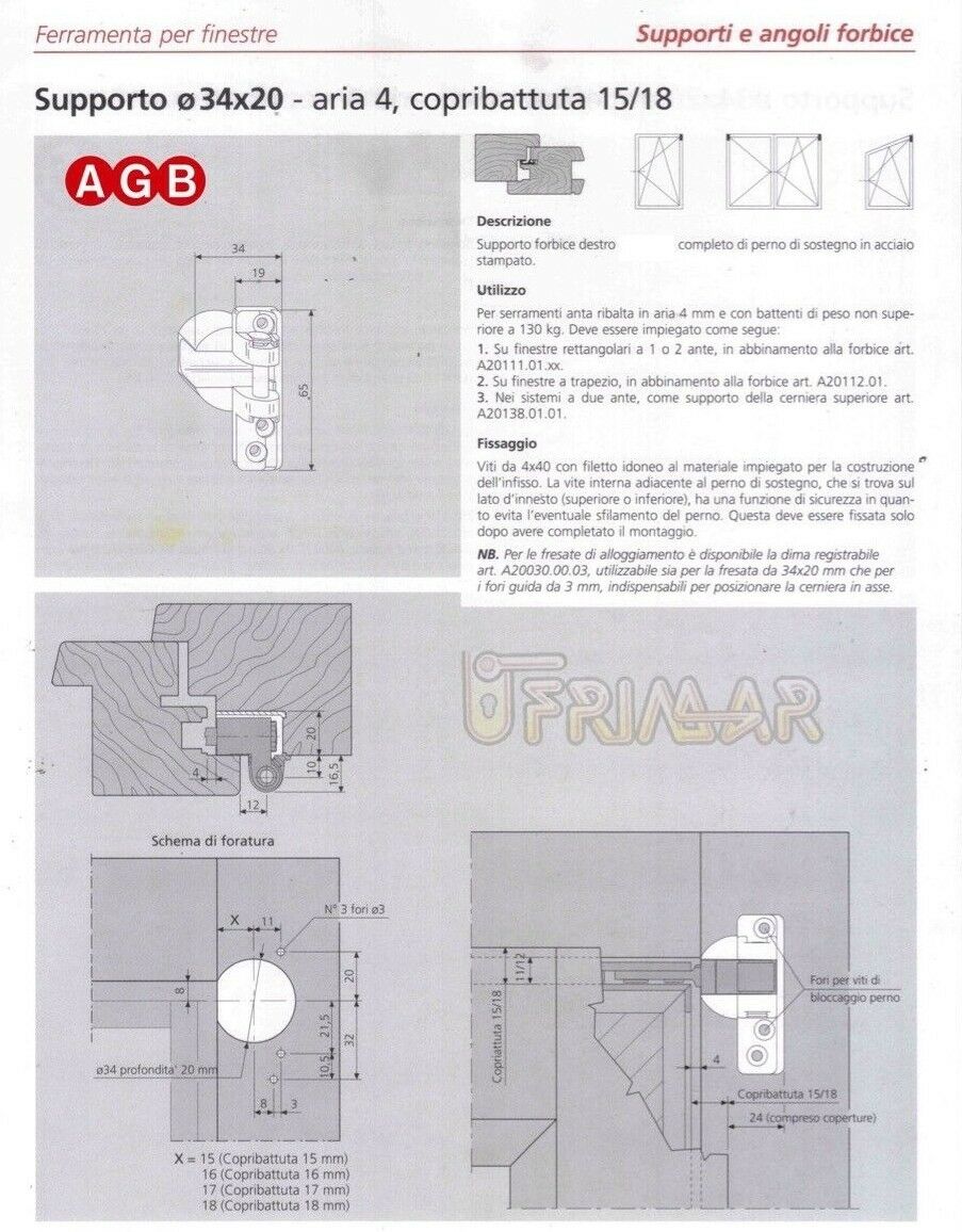 Supporto Cerniera AGB cod.A400410102 Aria mm.4 SINISTRO B.mm.15/18 anta Kg.130