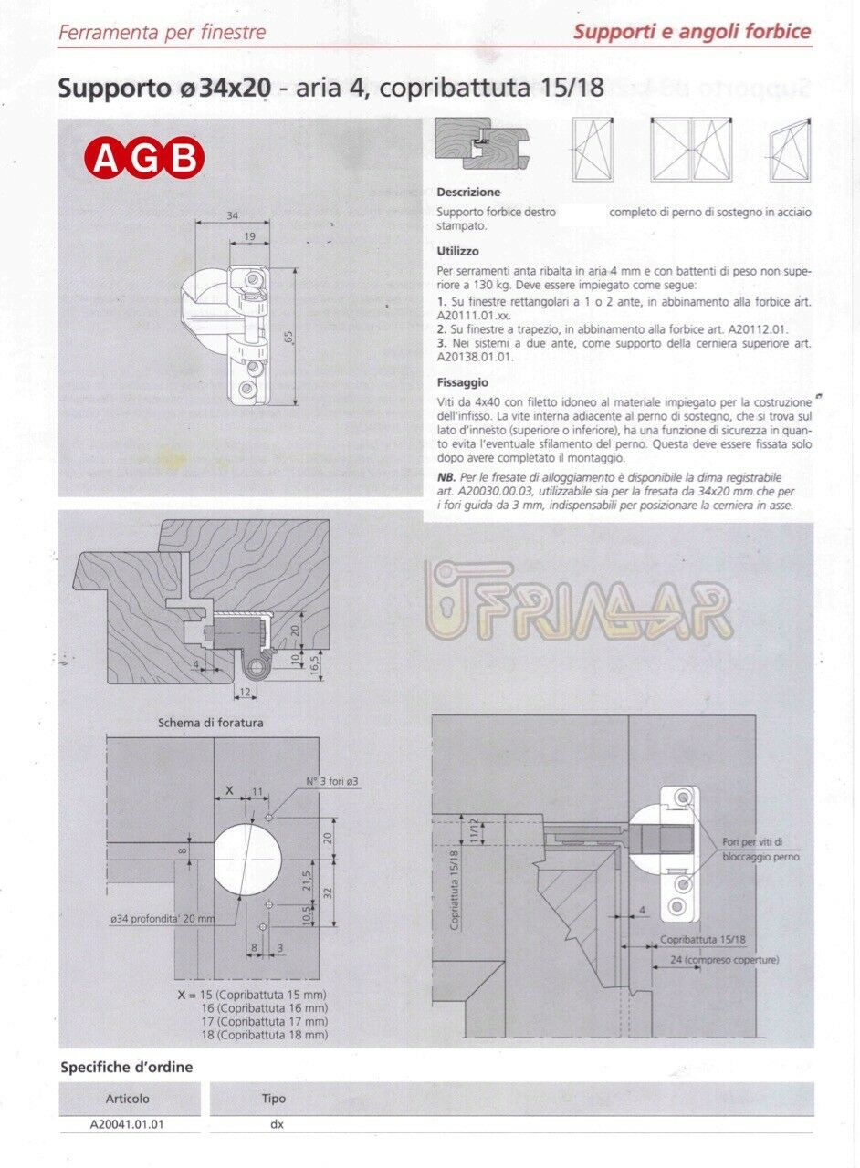 Supporto Cerniera AGB cod.A400410101 Aria mm.4 DESTRO B.mm.15/18 per anta Kg.130