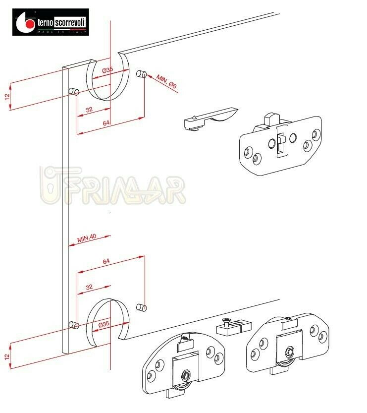 Kit per ante scorrevoli sovrapposte Terno 354 412 L portata Kg40 foro 35 METALLO