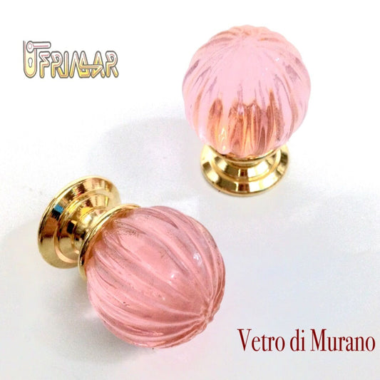 POMOLO VETRO MURANO D.mm.25 ROSA LUCIDO con base ORO LUCIDO Made in Italy