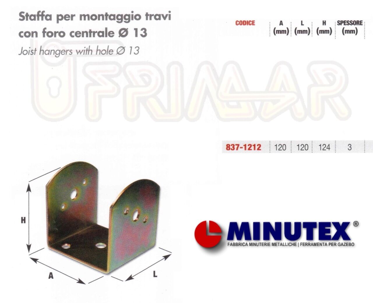 Staffa Supporto a U mm.120x120x124 Montaggio Travi Lamellari a Muro e Pilastri