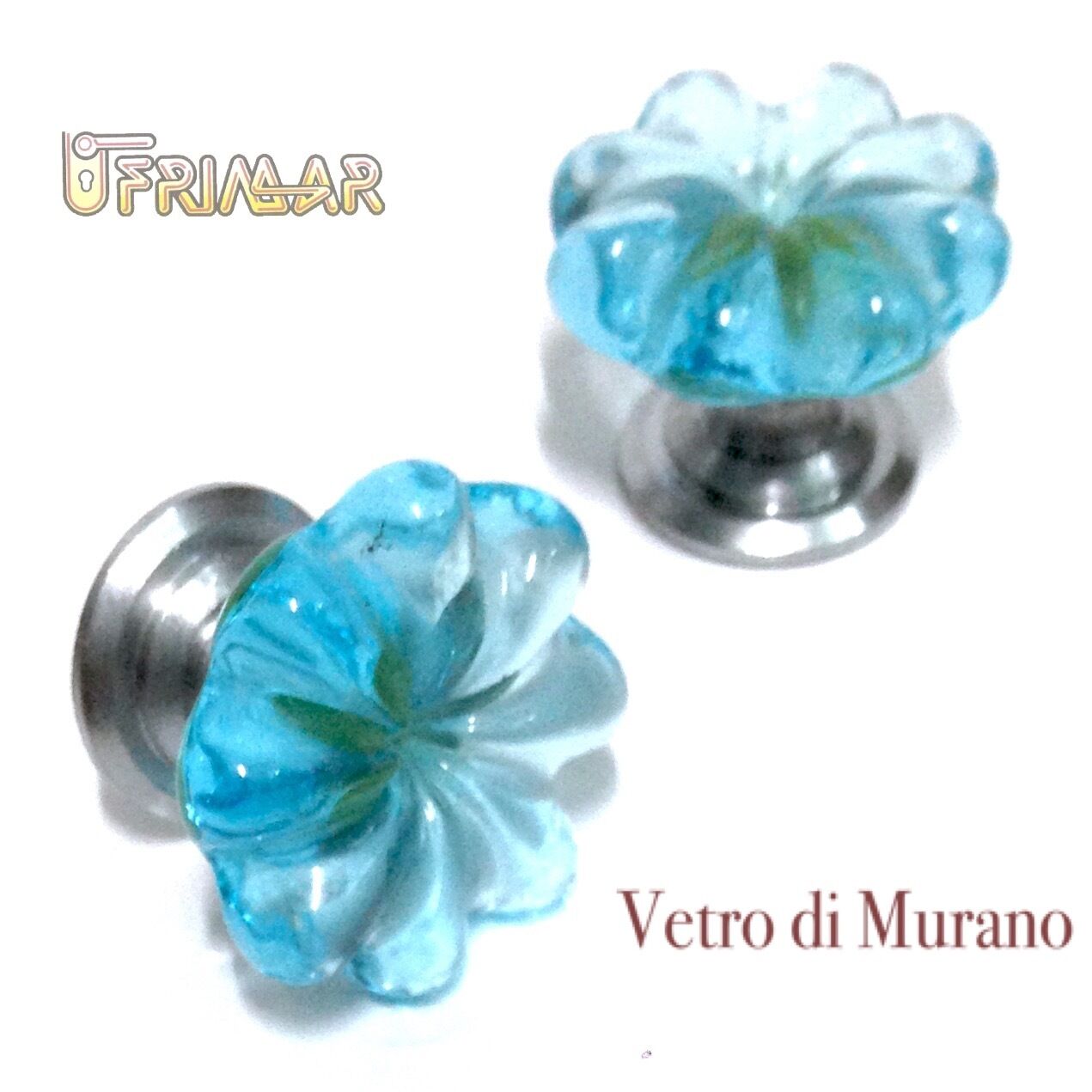 POMOLO VETRO MURANO D.mm.25 ACQUAMARE LUCIDO base CROMO SATINATO Made in Italy