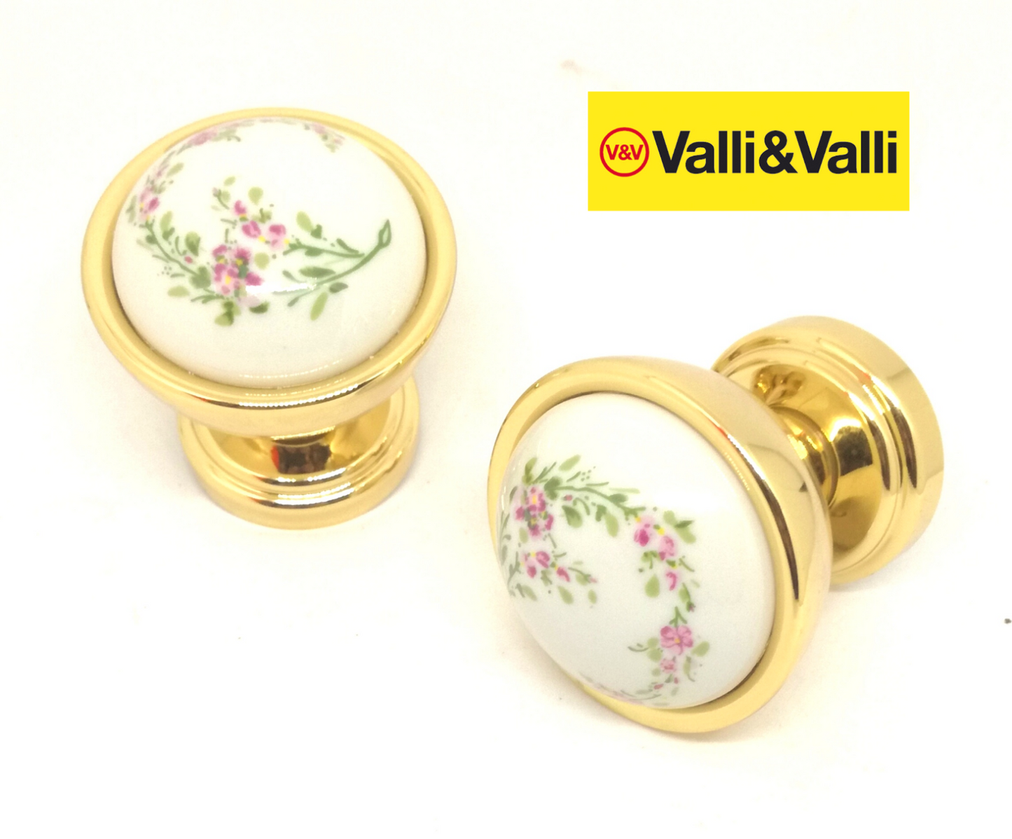 COPPIA POMOLO PER PORTA VALLI E VALLI K144 Oro Zecchino Ceramica Bianca Fiorata