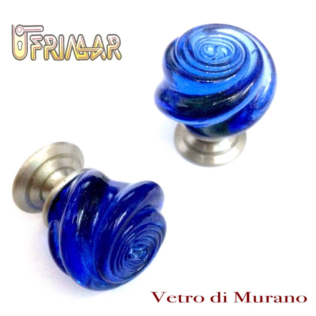 POMOLO VETRO MURANO D.mm.30 BLU LUCIDO con base NICHELATO OPACO Made in Italy