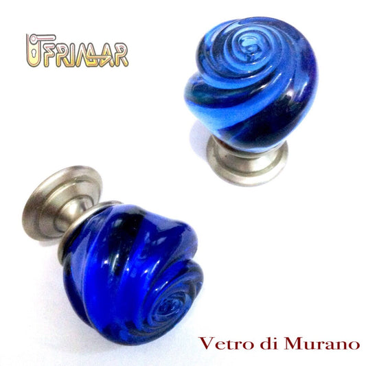 POMELLO VETRO MURANO D.mm.25 BLU LUCIDO con base NICHELATO OPACO Made in Italy