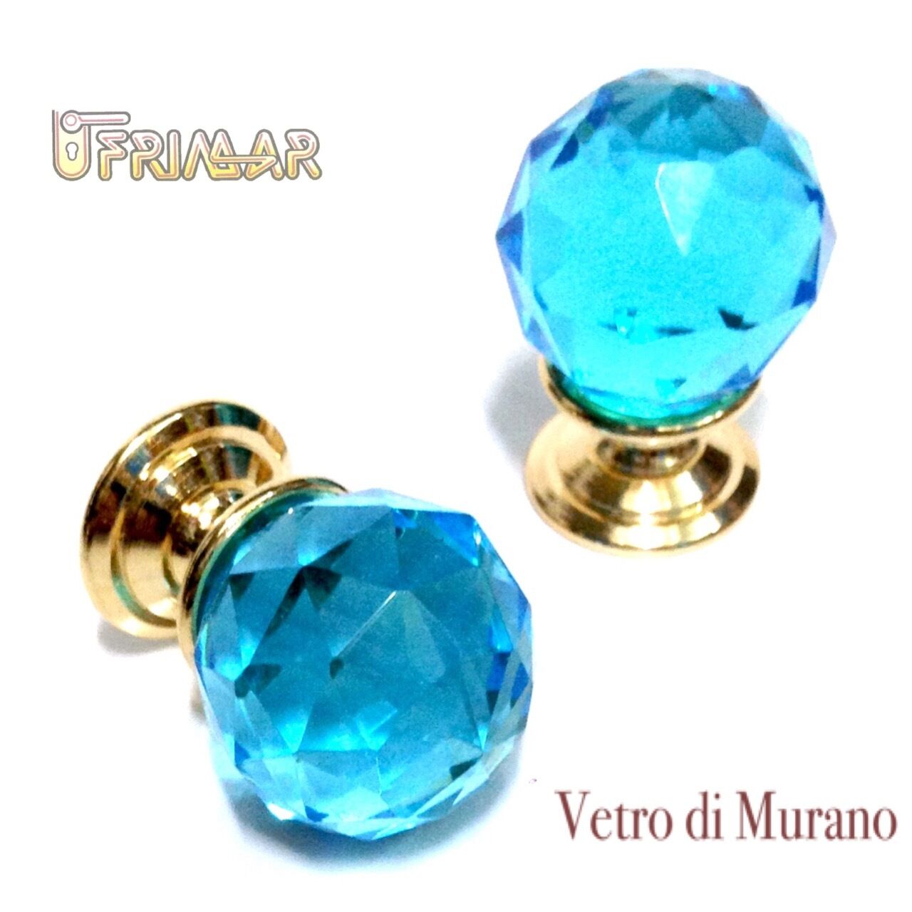 POMOLO VETRO MURANO D.mm.23 ACQUAMARE LUCIDO con base ORO LUCIDO Made in Italy