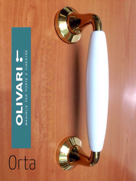 MANIGLIONE IN PORCELLANA ORTA OLIVARI L127 ORO LUCIDO + PORC.BIANCA L.mm.252