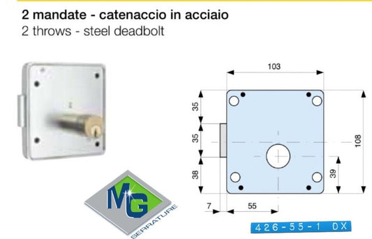 SERRATURA MG 426 55 1 DX PER PORTA PORTONCINO CANCELLETTO DA APPLICARE C/CILIN.