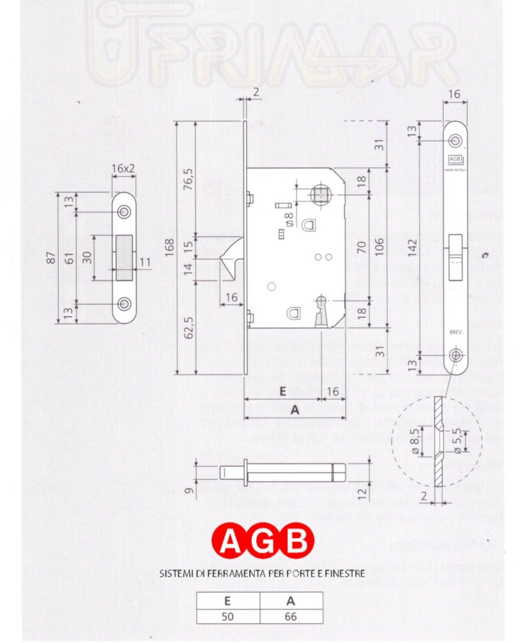 SERRATURA AGB SCIVOLA A GANCIO 01771.50 NERA CHIUSURA Q.8 + CHIAVE DI BLOCCO