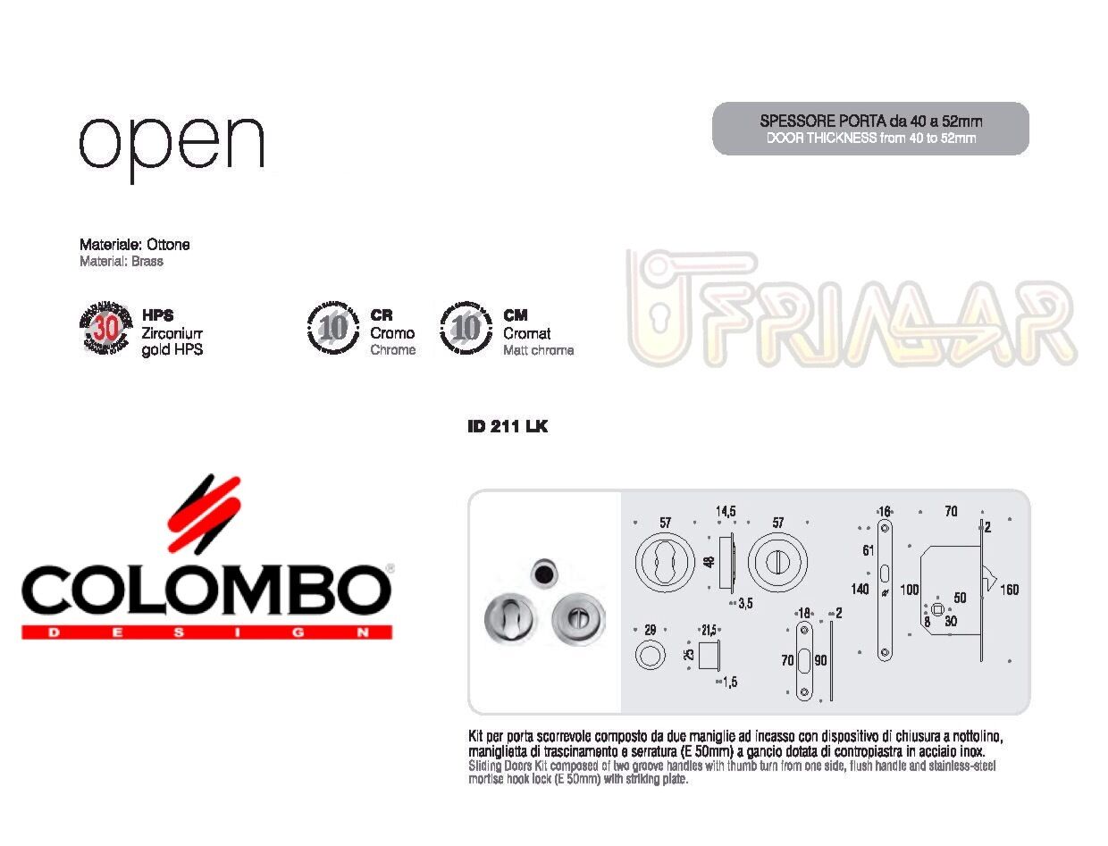 MANIGLIA INCASSO + SERRATURA PORTE SCORREVOLI COLOMBO OPEN ID211 LK CROMO SAT.
