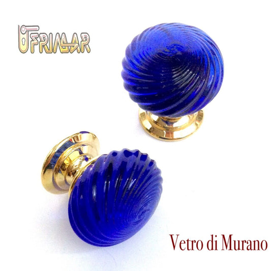 POMOLO VETRO MURANO D.mm.30 BLU LUCIDO con base ORO LUCIDO Made in Italy