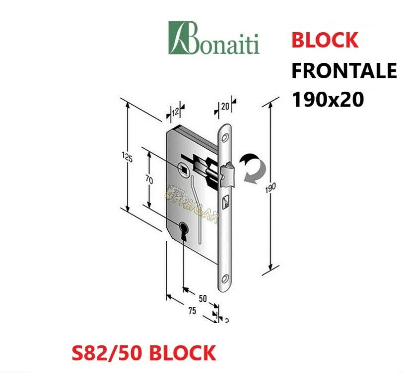 SERRATURA PORTA BONAITI BLOCK S82 OTTONATA MM.50 F.190x20 SERRATURE PATENT INF.