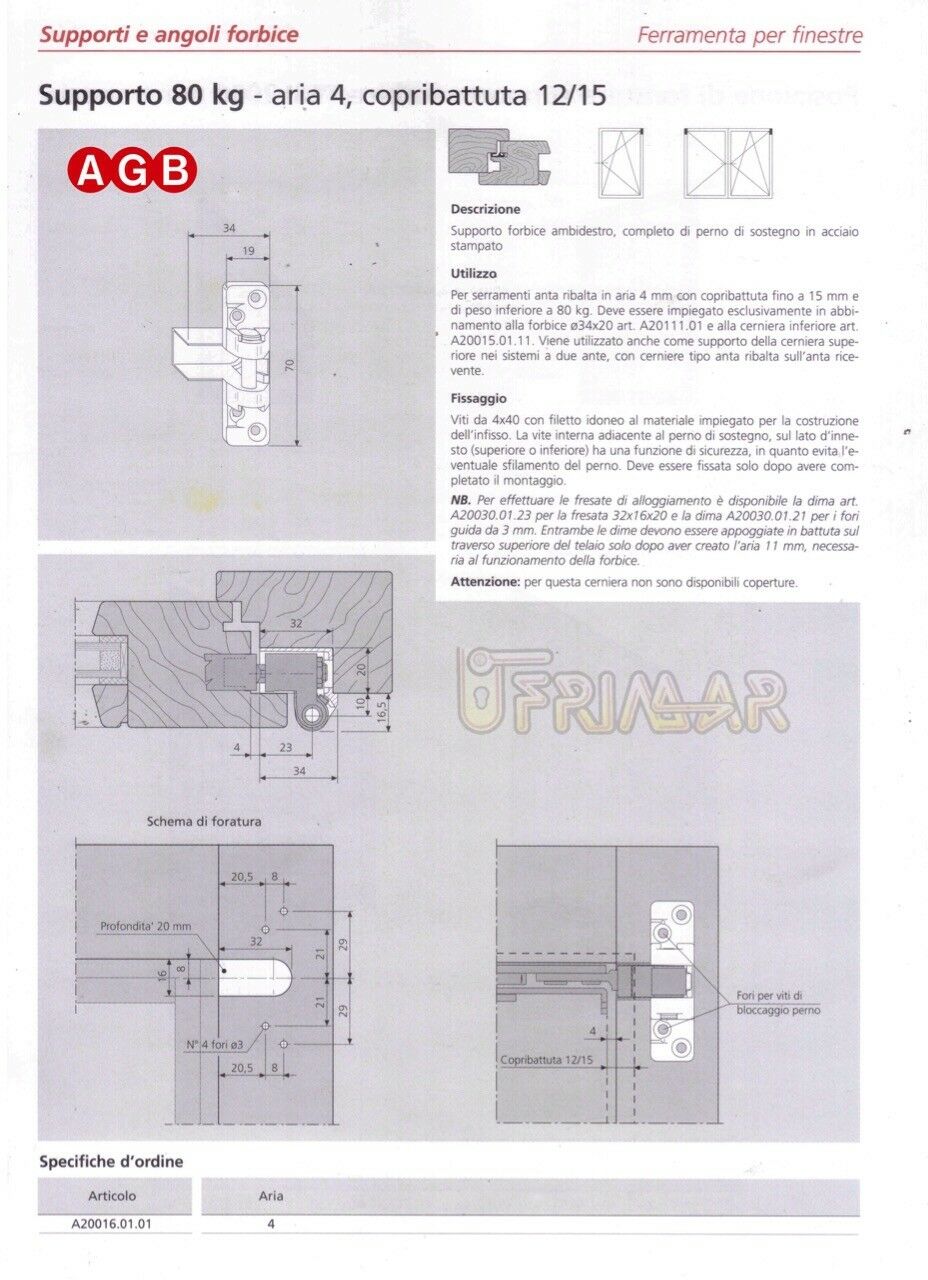 Supporto forbice AGB cod.A200160101 Aria mm.4 Ambidestro per anta Kg.80 Cerniera