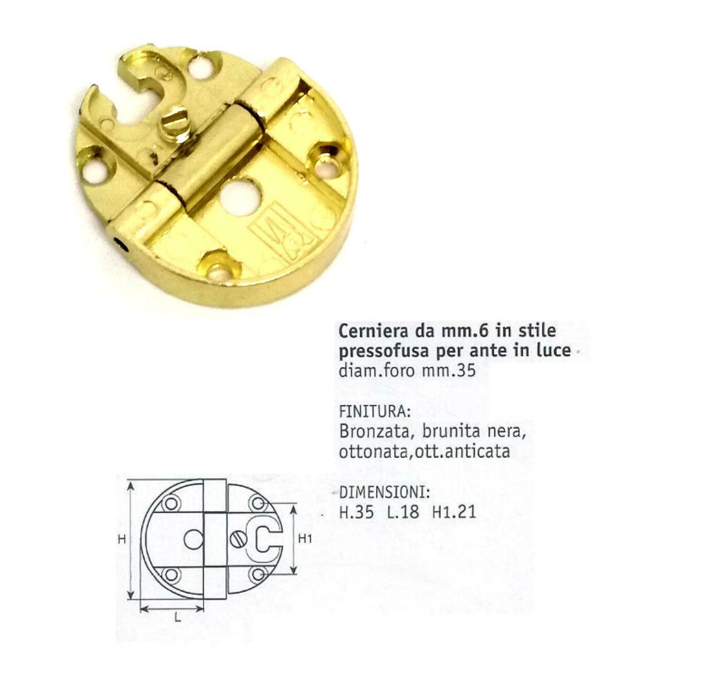 CERNIERA PER MOBILE ANTICO PER ANTE Ottonato FORO mm.35 Gambo D.mm.6 ANSELMI 231