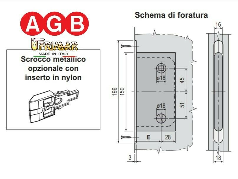 SERRATURA AGB PATENT MEDIANA B011025003 E.mm.50 OTTONATA DOPPIO QUADRO PER WC