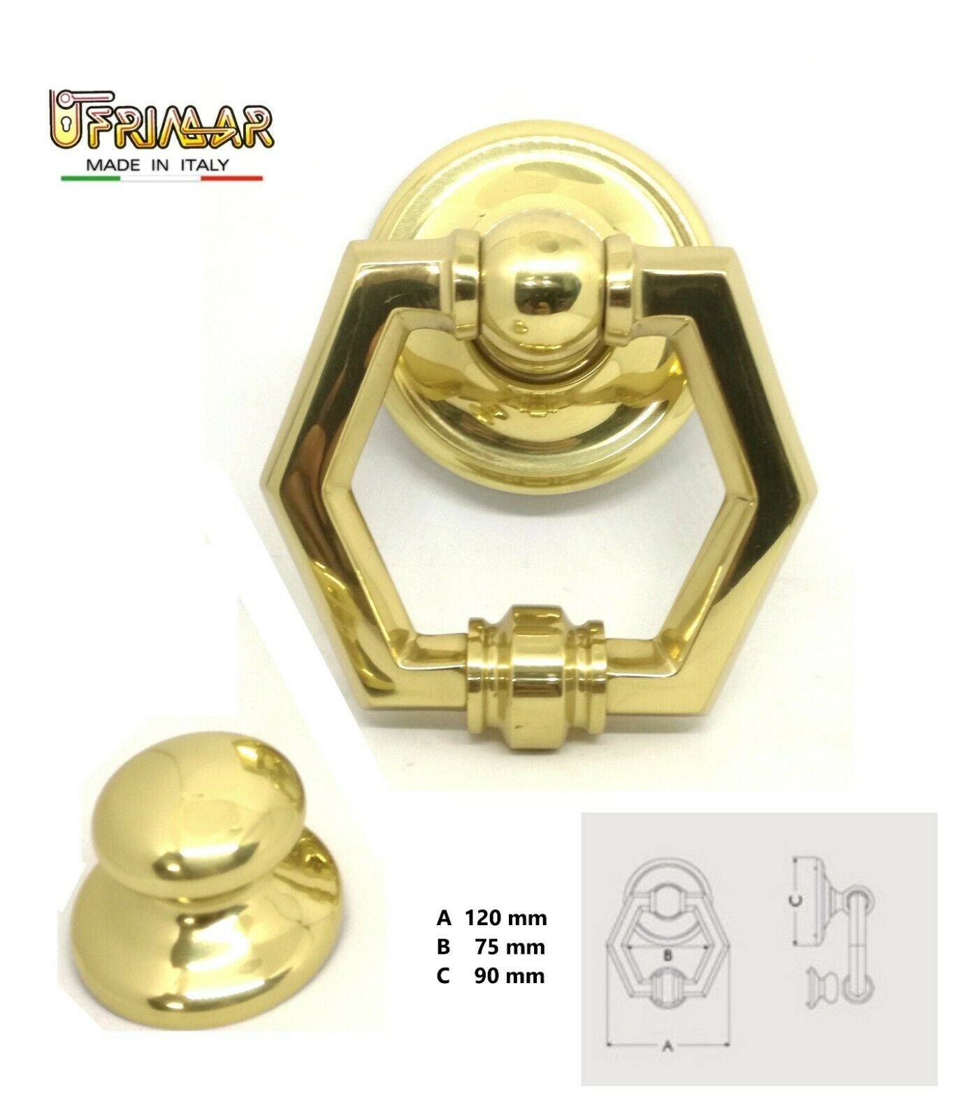 BATTENTE PORTA PORTONE ESAGONO OTTONE LUCIDO BAL mm.120 MANETTONE art. 0756