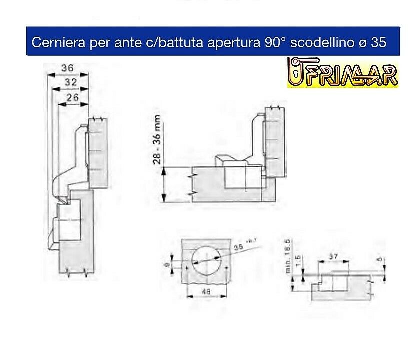 CERNIERA MEPLA PER ANTE CON BATTUTA 651.210.66 FORO mm.35 + BASE 65121066 BRONZ