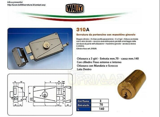 SERRATURA WALLY 310A MANDATA E SCROCCO Entrata mm.70 COMPLETA DI CILINDRO FISSO