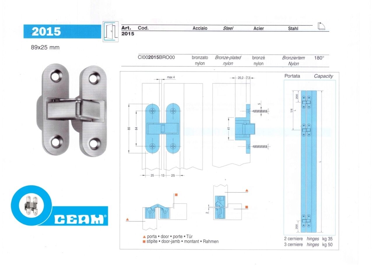 CERNIERA INVISIBILE A SCOMPARSA CEAM 2015 mm.89x25 PER PORTE IN LEGNO