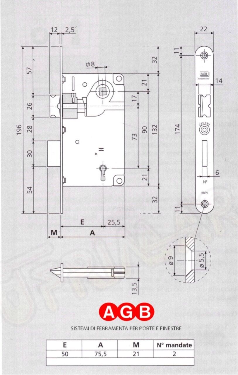 SERRATURA AGB PATENT CENTRO 1001.50 mm.50 VERN. NERO INFILARE PORTA DIST.90