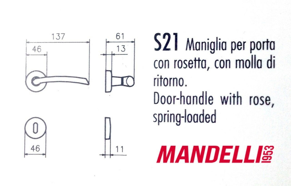 MANIGLIA PER PORTA MANDELLI serie S20 art.S21 ORO LUCIDO Made in Italy