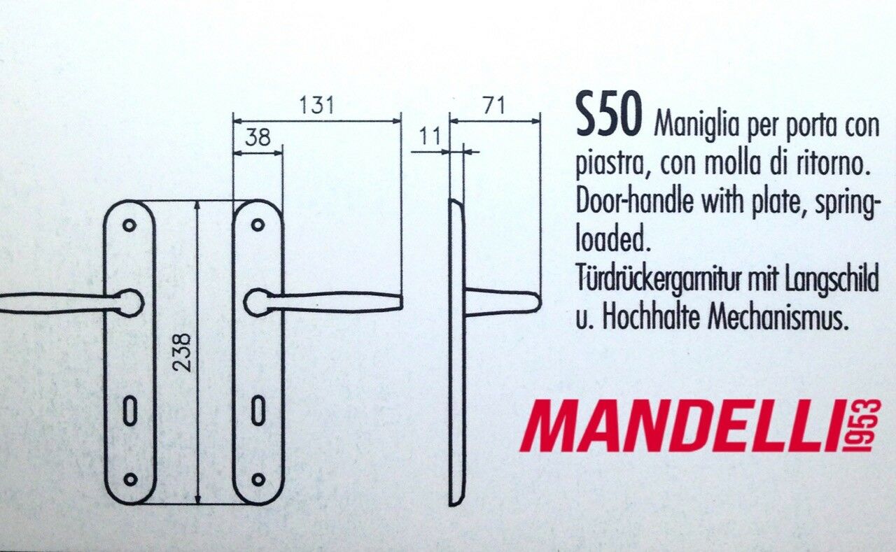 MANIGLIA PER PORTA MANDELLI serie S50 ORO LUCIDO CON PLACCA D.70 foro Patent