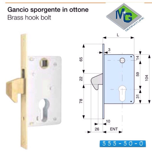 SERRATURA MG 555 50 0 DA INFILARE A GANCIO SPORGENTE CON CILINDRO SAGOMATO