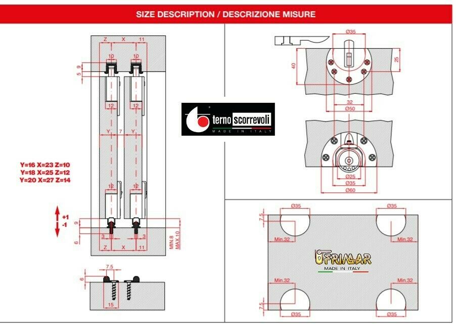 Kit per ante scorrevoli sovrapposte Terno art. 639 + 655 portata Kg.50 foro 35